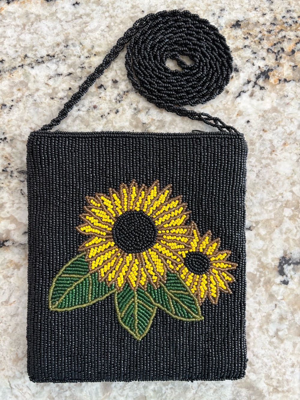 VTG ERMO Beaded Sunflower Design Crossbody Club, Purse Bag, Black, Yellow, Strap